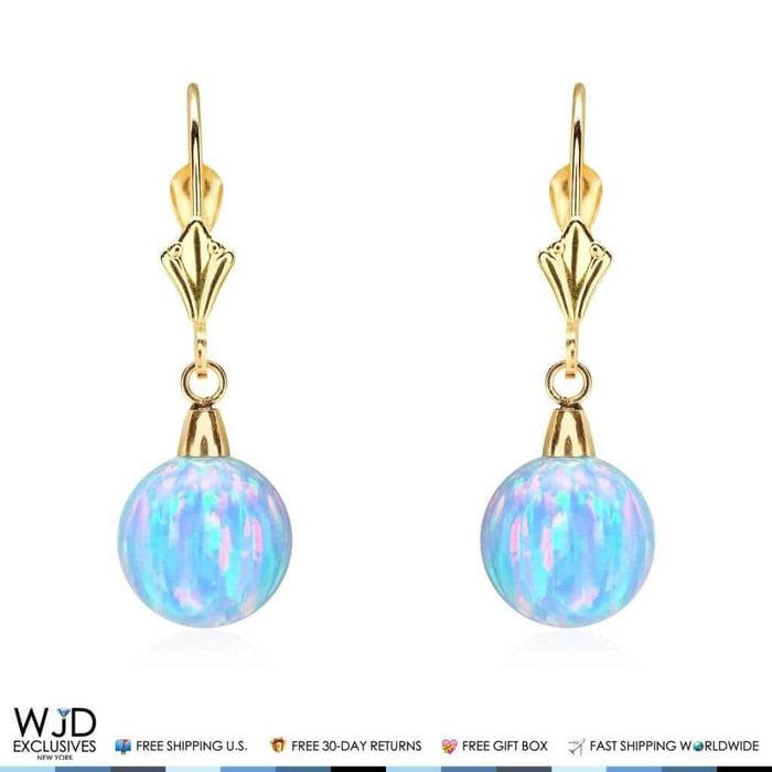 14K Yellow Gold 9mm Ball Shaped Blue Fire Opal Leverback Dangle Earrings