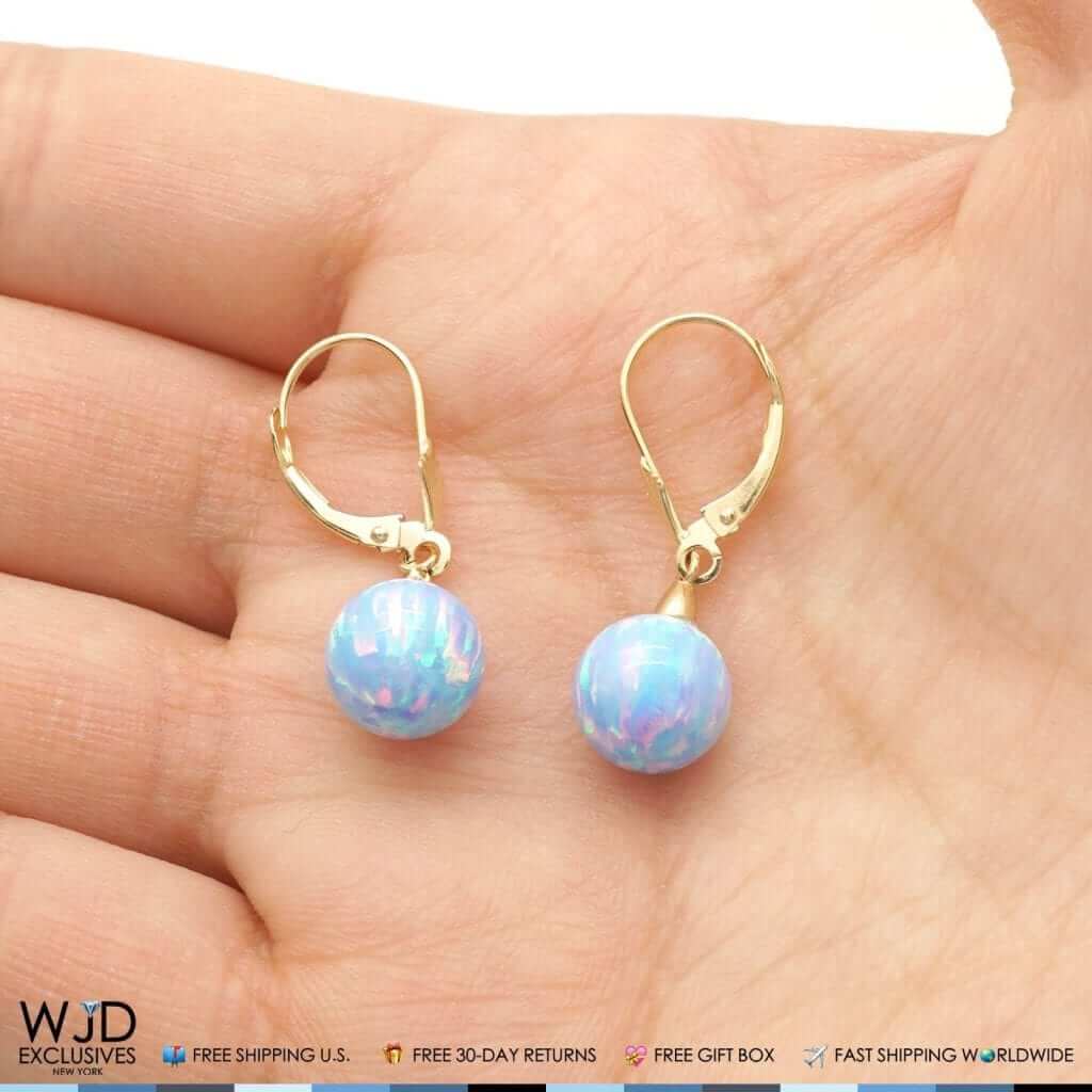 14K Yellow Gold 9mm Ball Shaped Blue Fire Opal Leverback Dangle Earrings