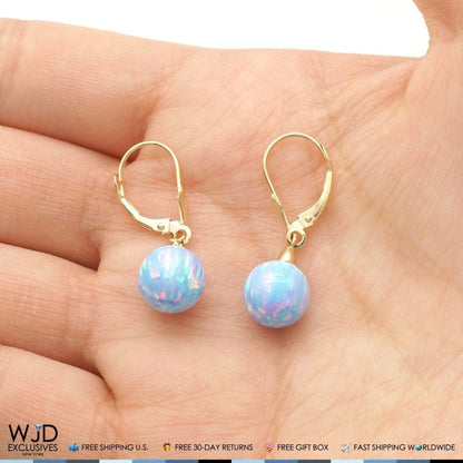 14K Solid Yellow Gold 9 mm Ball Shaped Blue Fire Opal Leverback Dangle Earrings