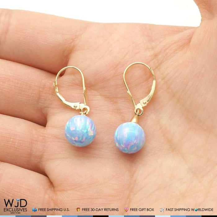 14K Yellow Gold 9mm Ball Shaped Blue Fire Opal Leverback Dangle Earrings