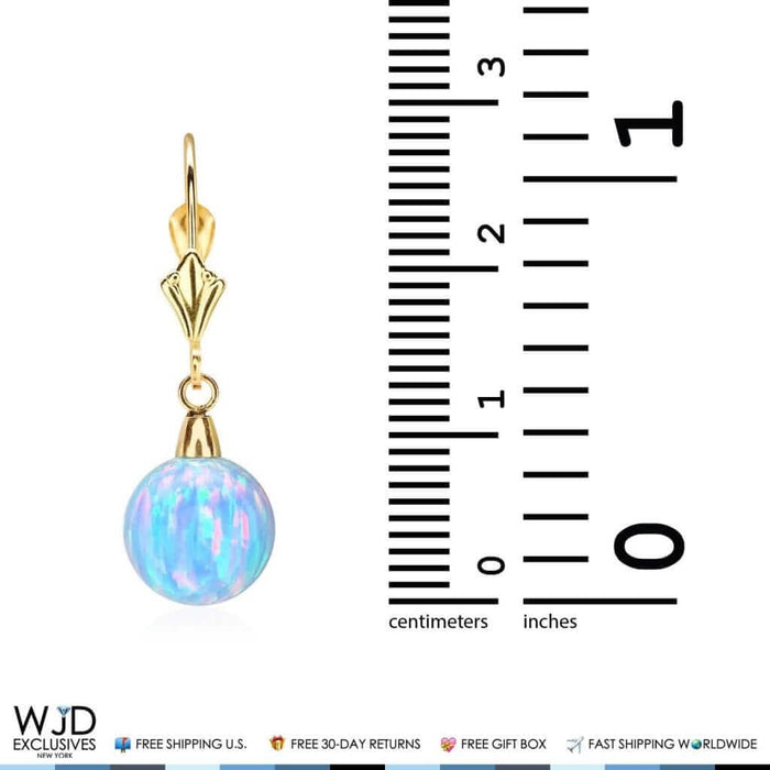 14K Yellow Gold 9mm Ball Shaped Blue Fire Opal Leverback Dangle Earrings