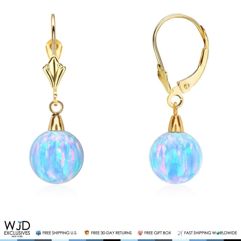 14K Solid Yellow Gold 9 mm Ball Shaped Blue Fire Opal Leverback Dangle Earrings