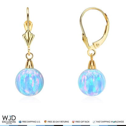 14K Solid Yellow Gold 9 mm Ball Shaped Blue Fire Opal Leverback Dangle Earrings