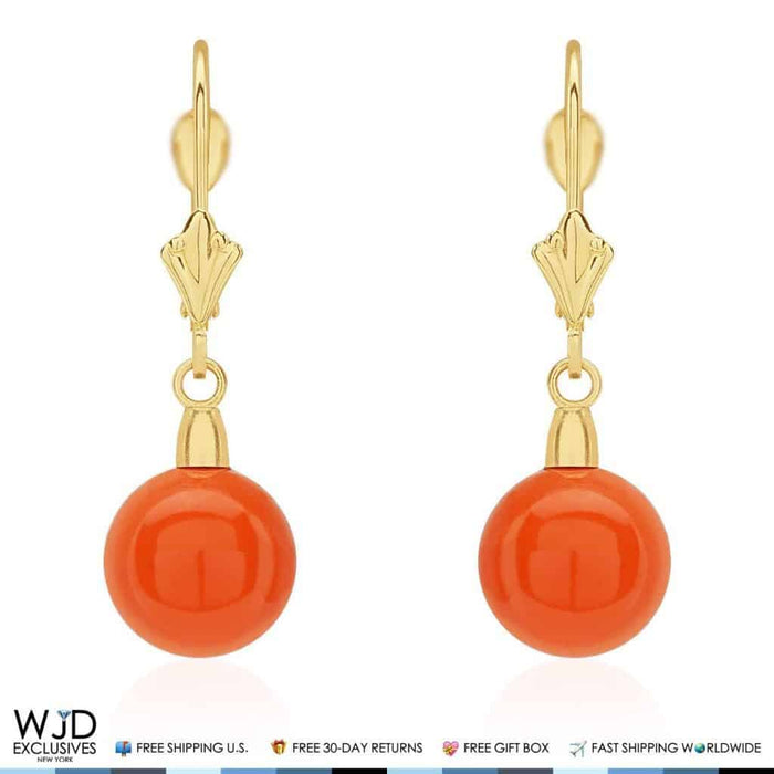 14K Yellow Gold 9mm Ball Shaped Orange Coral Leverback Dangle Earrings 1"