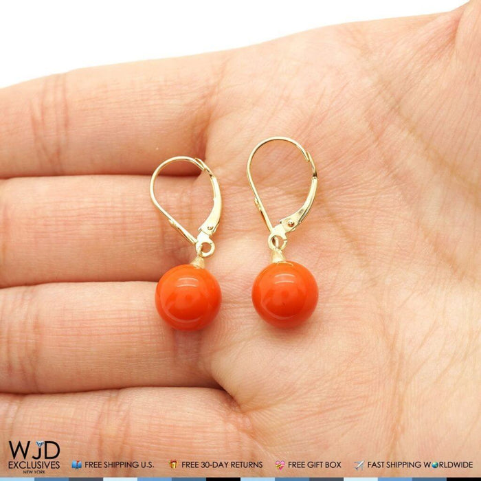 14K Yellow Gold 9mm Ball Shaped Orange Coral Leverback Dangle Earrings 1"