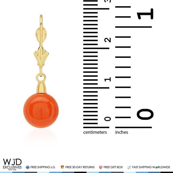 14K Yellow Gold 9mm Ball Shaped Orange Coral Leverback Dangle Earrings 1"