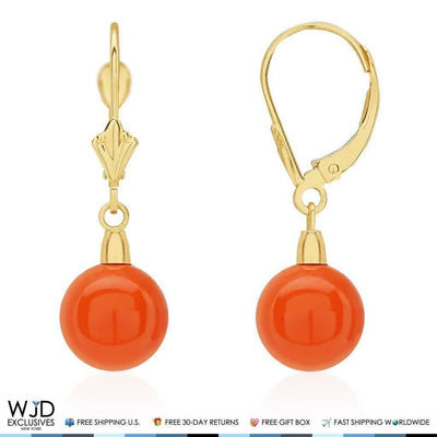 14K Yellow Gold 9mm Ball Shaped Orange Coral Leverback Dangle Earrings 1"