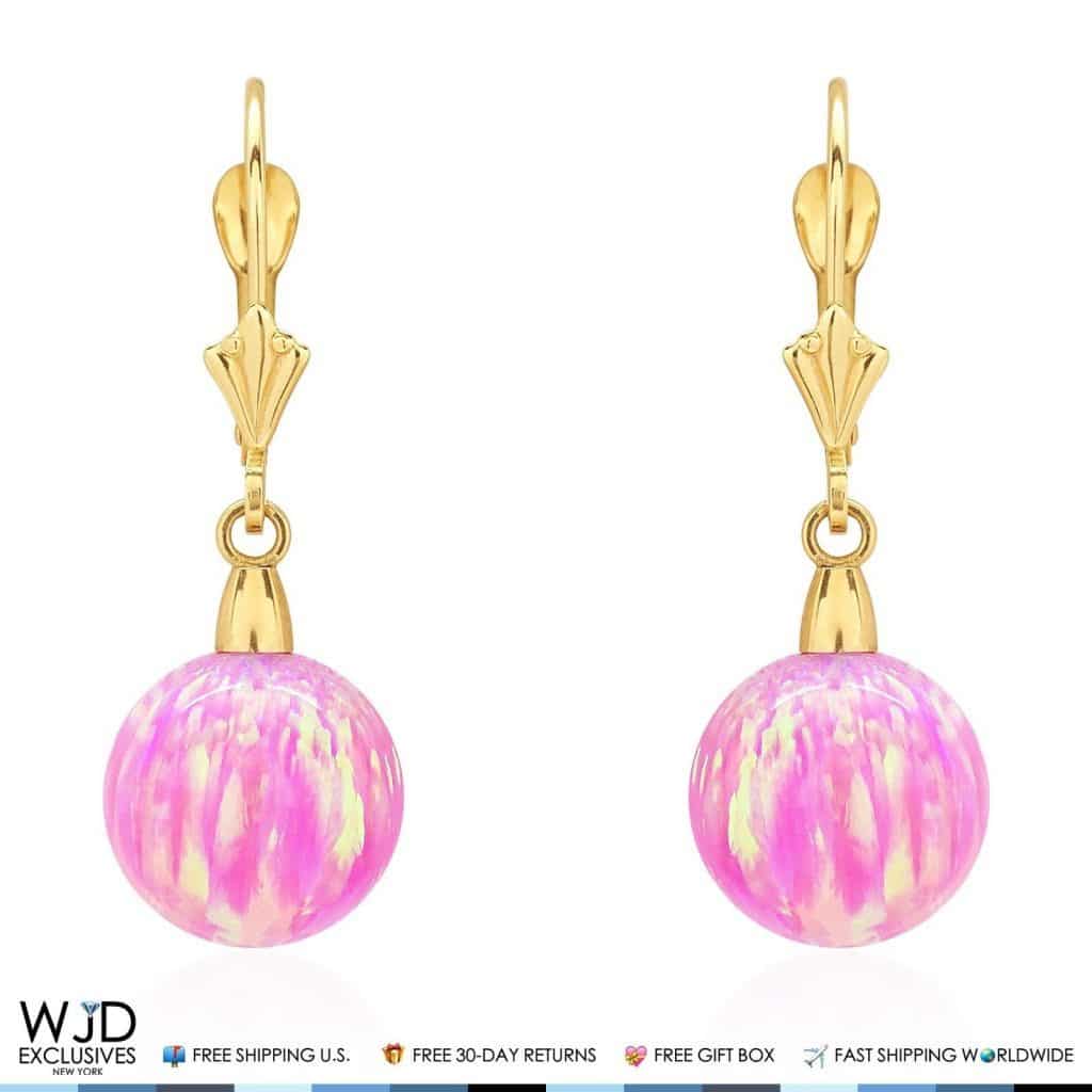 6mm-10mm Ball Shaped Pink Fire Opal Leverback Dangle Earrings 14K Yellow Gold