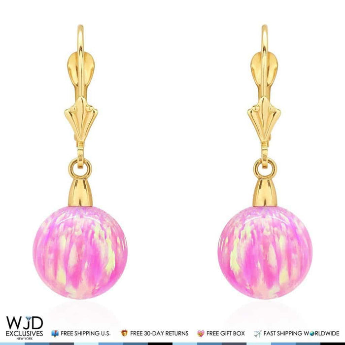 6mm-10mm Ball Shaped Pink Fire Opal Leverback Dangle Earrings 14K Yellow Gold
