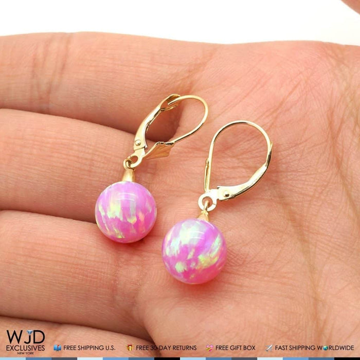6mm-10mm Ball Shaped Pink Fire Opal Leverback Dangle Earrings 14K Yellow Gold