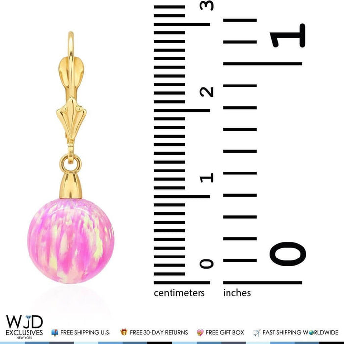 6mm-10mm Ball Shaped Pink Fire Opal Leverback Dangle Earrings 14K Yellow Gold