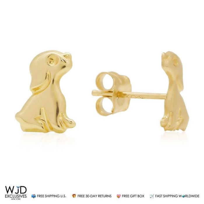 14K Solid Yellow Gold 9mm Children's Sitting Dog Puppy Pushback Stud Earrings