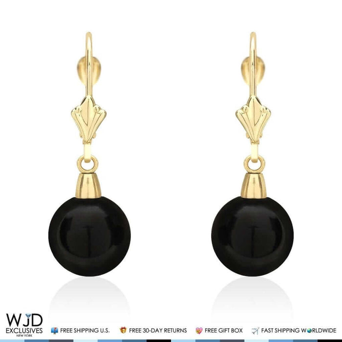 6mm-10mm Diameter Ball Shaped Onyx Dangle Leverback Earrings 14K Yellow Gold