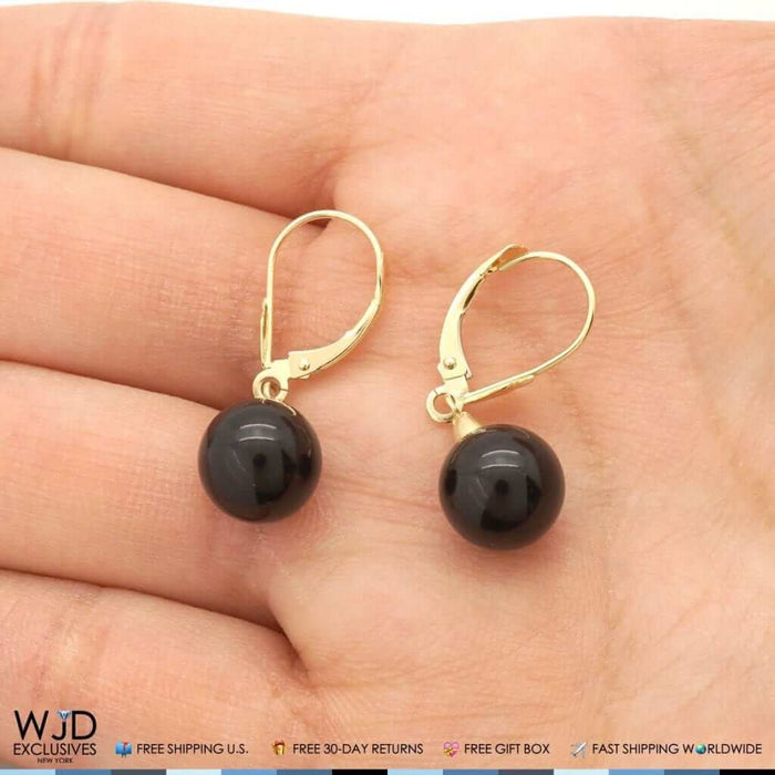 6mm-10mm Diameter Ball Shaped Onyx Dangle Leverback Earrings 14K Yellow Gold