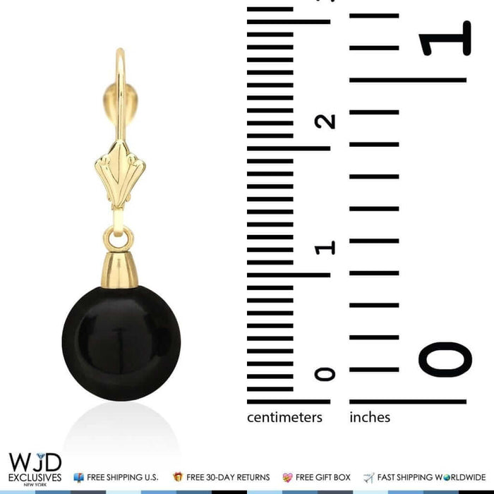 6mm-10mm Diameter Ball Shaped Onyx Dangle Leverback Earrings 14K Yellow Gold