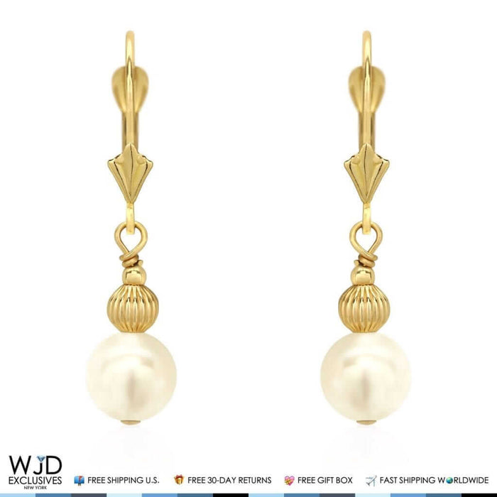 14K Yellow Gold 7mm Ball Pearl Dangle Drop Leverback Earrings