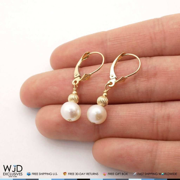 14K Yellow Gold 7mm Ball Pearl Dangle Drop Leverback Earrings