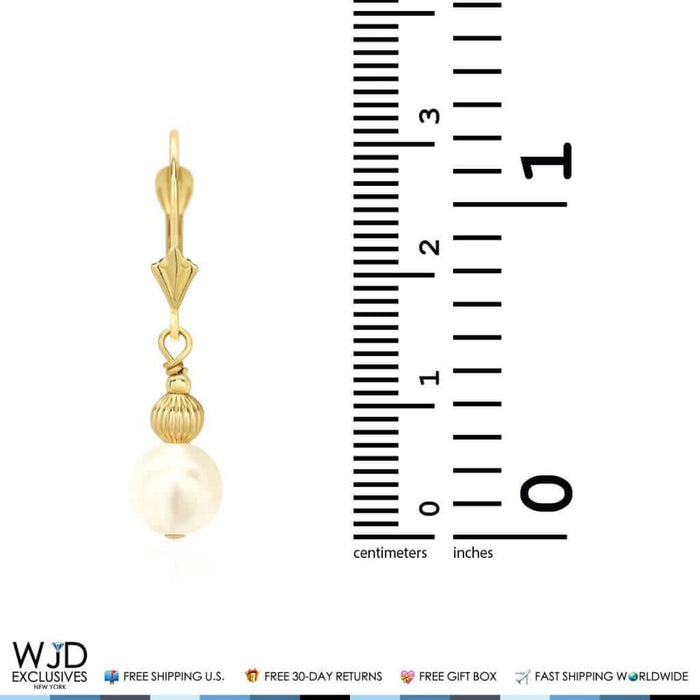 14K Yellow Gold 7mm Ball Pearl Dangle Drop Leverback Earrings