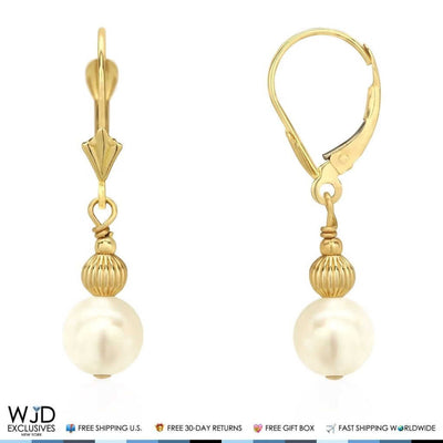 14K Yellow Gold 7mm Ball Pearl Dangle Drop Leverback Earrings