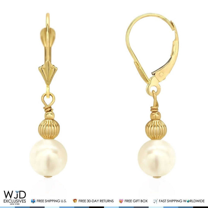 14K Yellow Gold 7mm Ball Pearl Dangle Drop Leverback Earrings