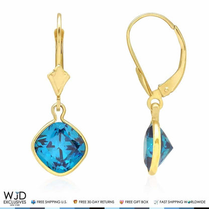 14k Yellow Gold Square Bezel Birthstone  Drop Leverback Earrings 1"