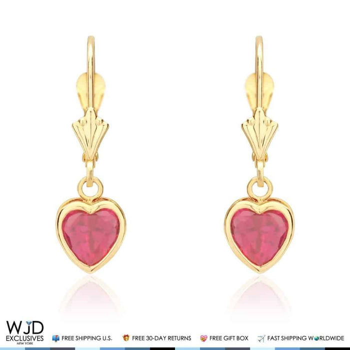 14K Yellow Gold Bezel Set Heart Simulated Ruby Dangle Lever Back Earrings 1"
