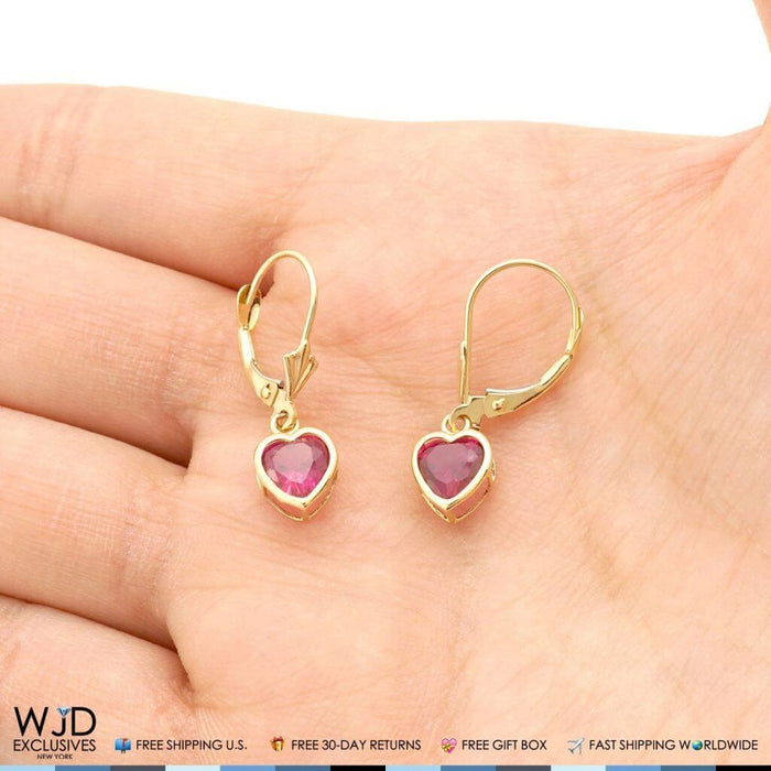 14K Yellow Gold Bezel Set Heart Simulated Ruby Dangle Lever Back Earrings 1"