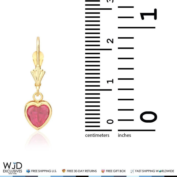 14K Yellow Gold Bezel Set Heart Simulated Ruby Dangle Lever Back Earrings 1"