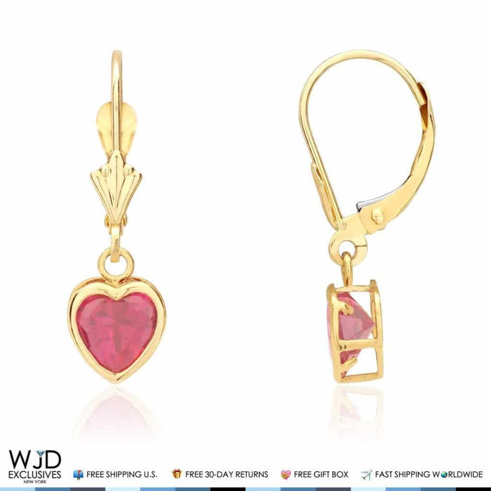 14K Yellow Gold Bezel Set Heart Simulated Ruby Dangle Lever Back Earrings 1"