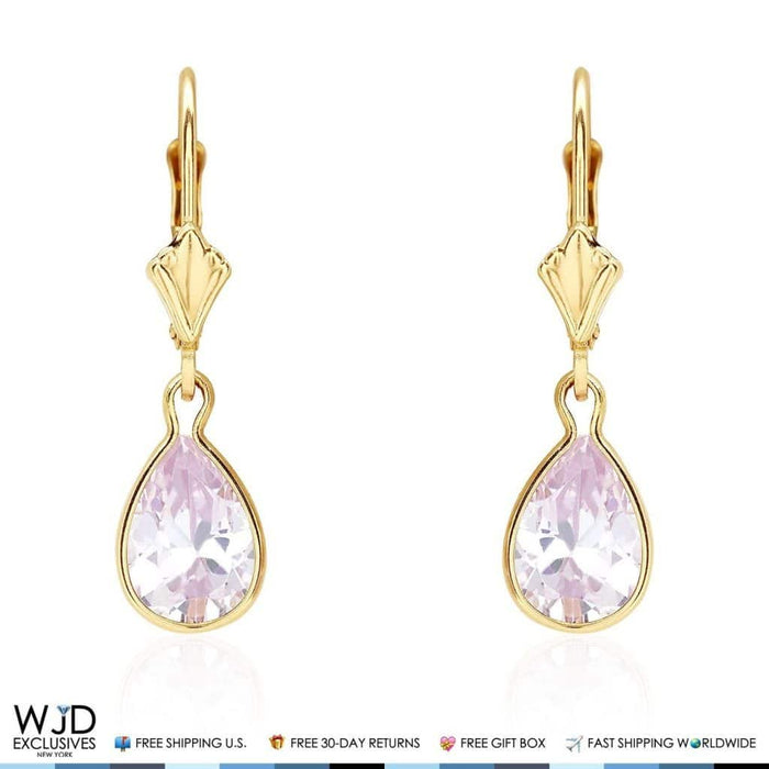 14K Yellow Gold Bezel Set Pear Pink Zircon Leverback Dangle Earrings 1"
