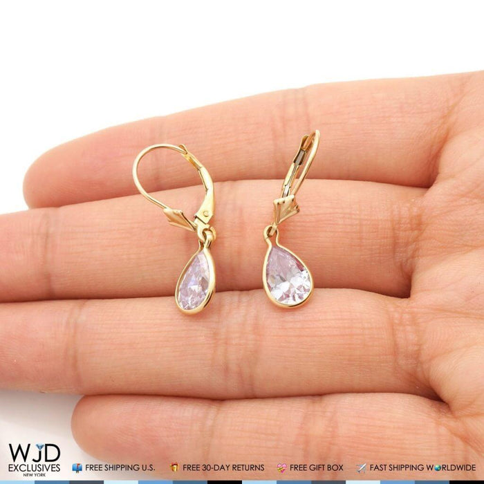 14K Yellow Gold Bezel Set Pear Pink Zircon Leverback Dangle Earrings 1"