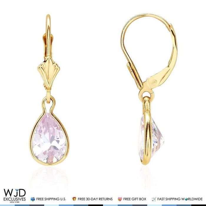 14K Yellow Gold Bezel Set Pear Pink Zircon Leverback Dangle Earrings 1"
