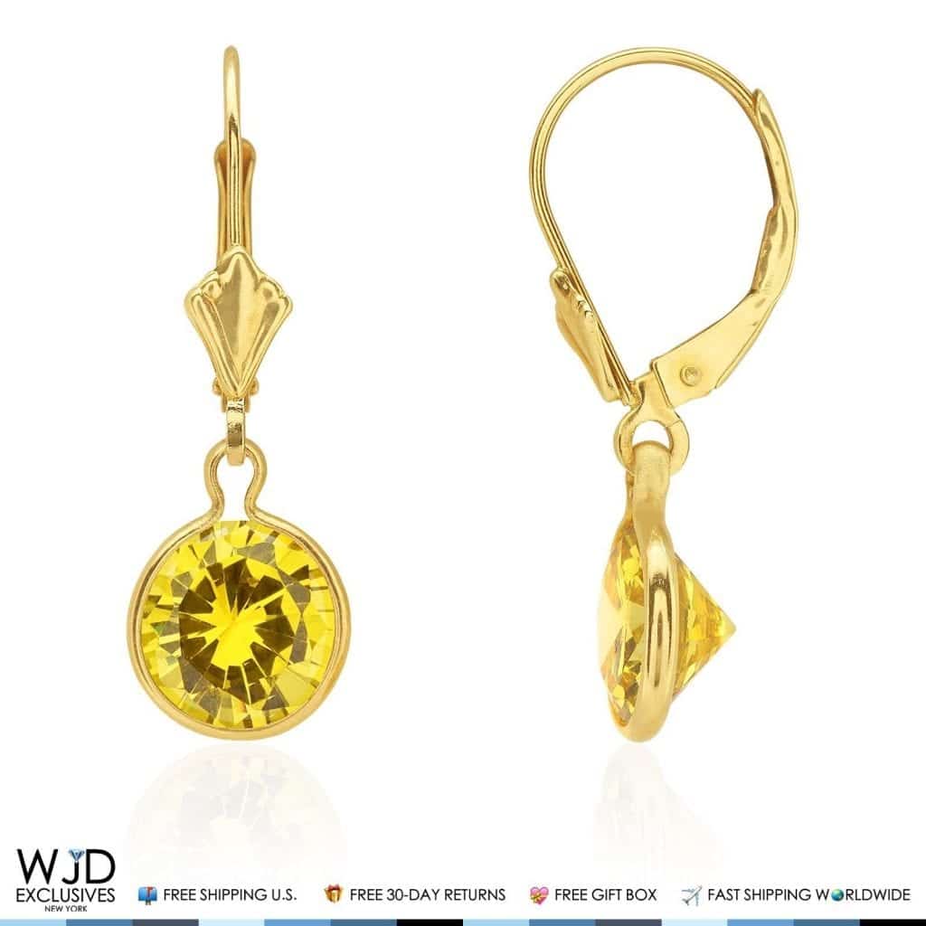 14k Yellow Gold Round Bezel Simulated Birthstone  Drop Leverback Earrings