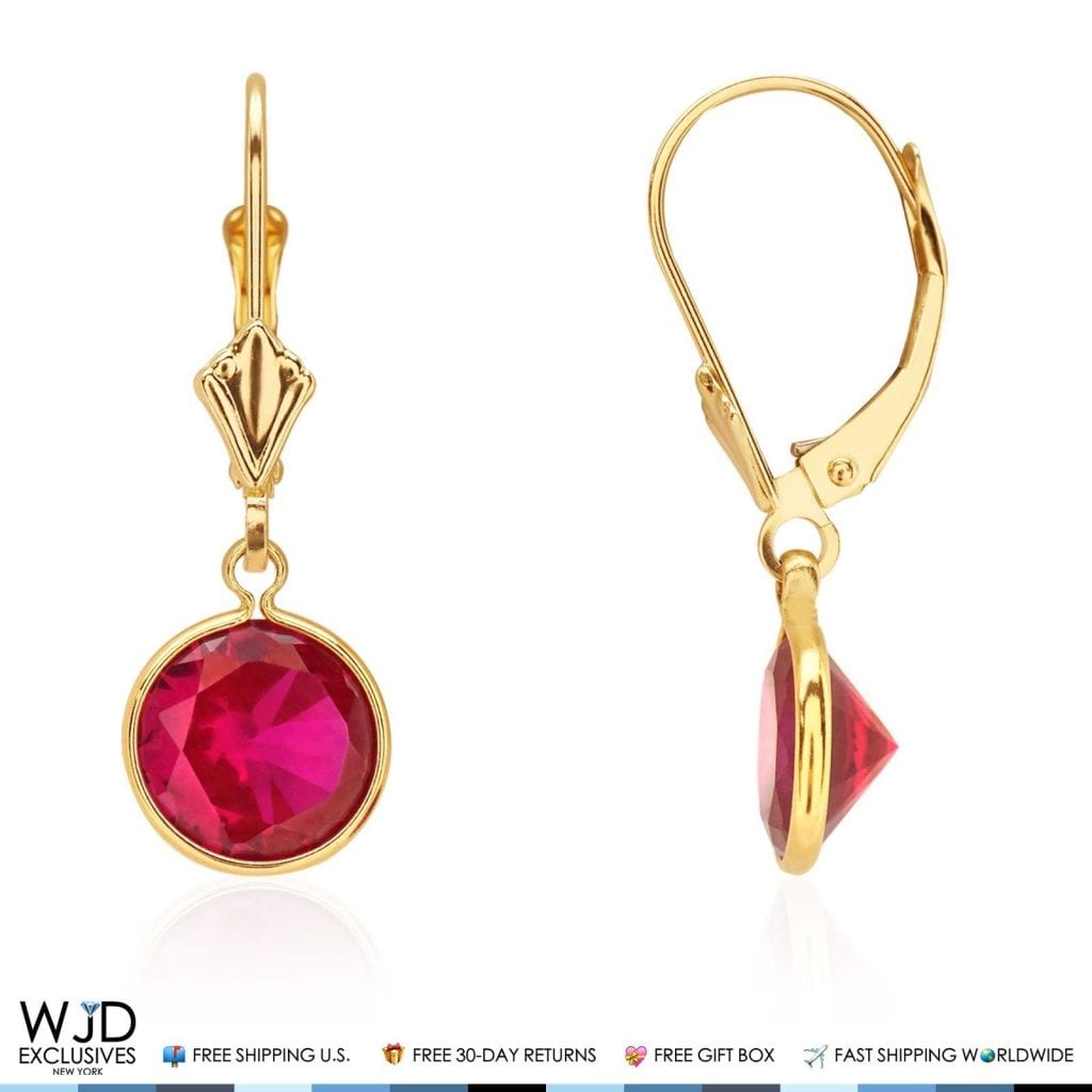 14k Yellow Gold Round Bezel Simulated Birthstone  Drop Leverback Earrings