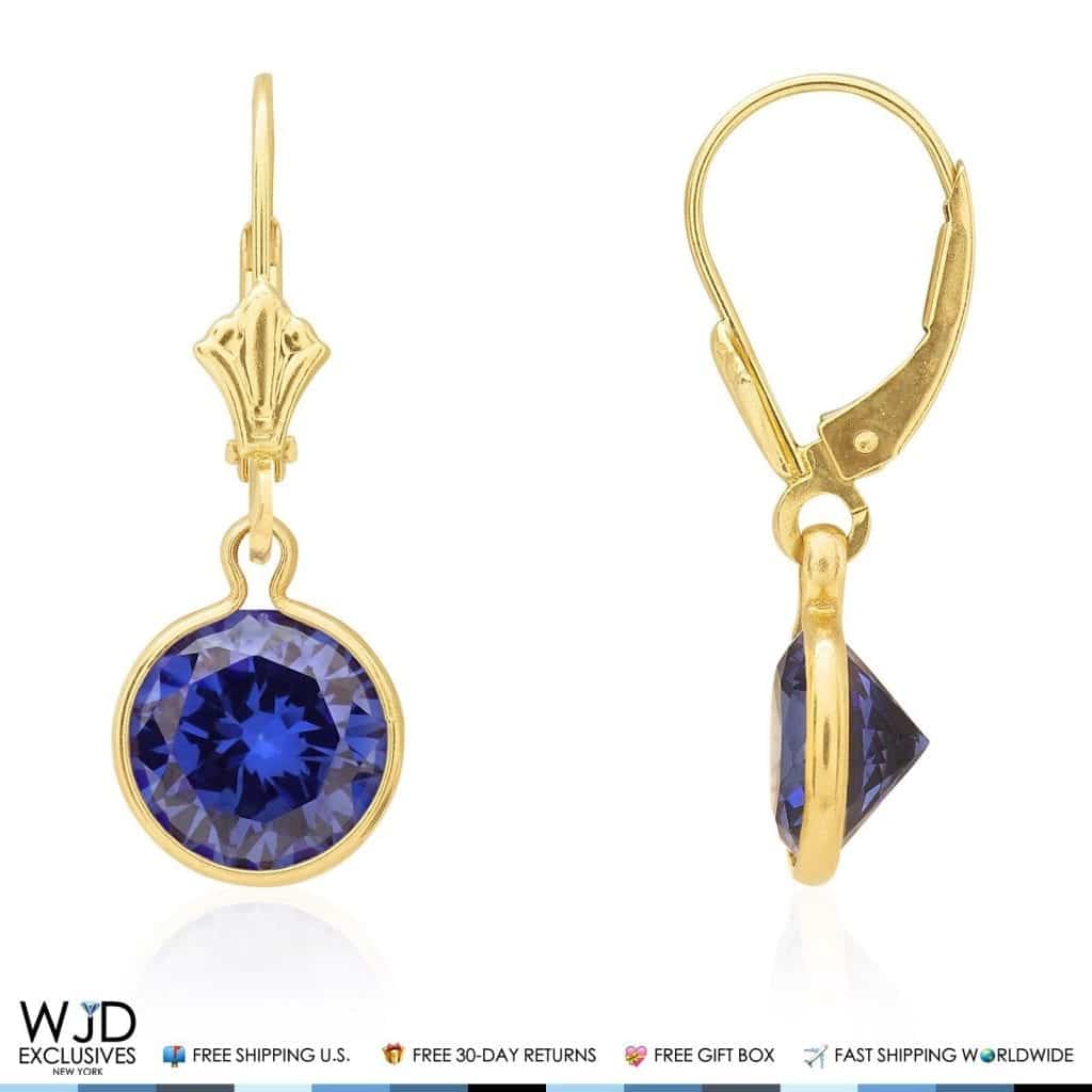 14k Yellow Gold Round Bezel Simulated Birthstone  Drop Leverback Earrings