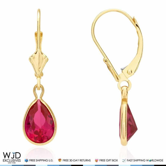 14k Yellow Gold Teardrop Bezel Simulated Birthstone  Leverback Earrings 1"