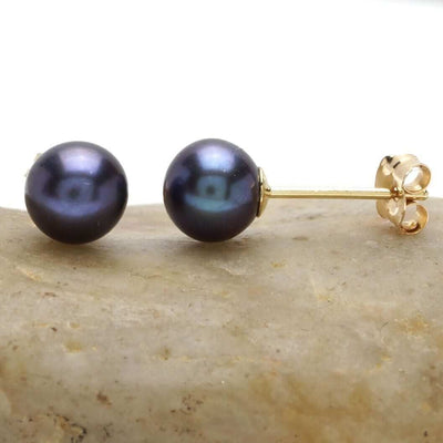 14K Yellow Gold Black Cultured Freshwater Pearl Stud Earrings 6mm