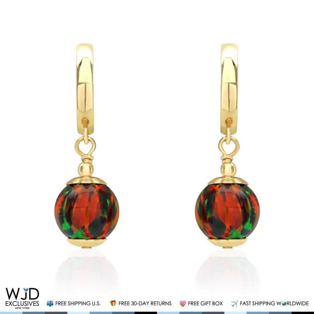 14K Yellow Gold Black Fire Opal Ball Huggie Hoop Dangle Drop Earrings