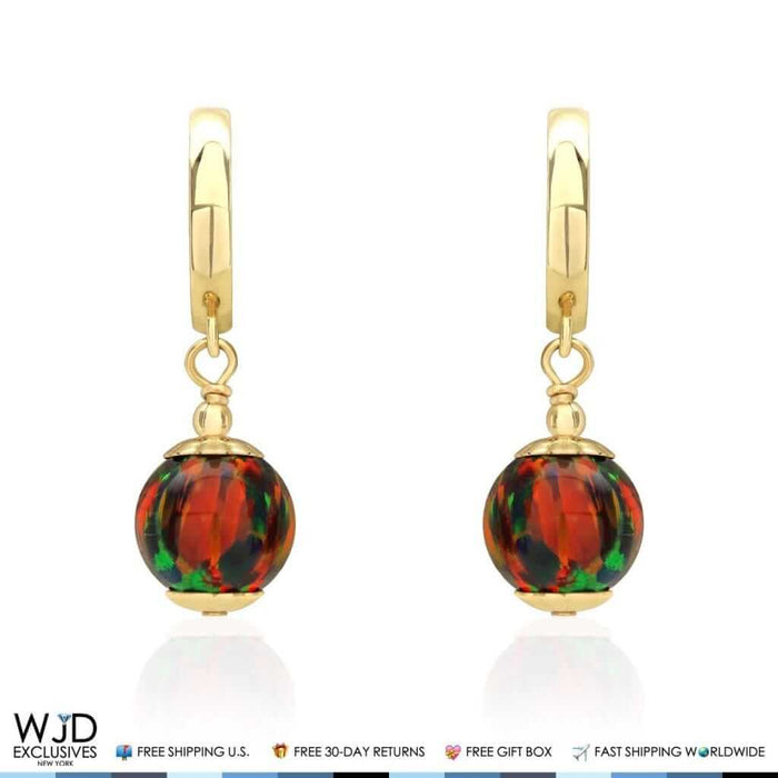 14K Yellow Gold Black Fire Opal Ball Huggie Hoop Dangle Drop Earrings