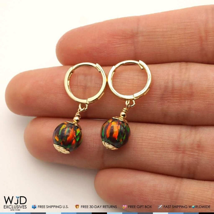 14K Yellow Gold Black Fire Opal Ball Huggie Hoop Dangle Drop Earrings
