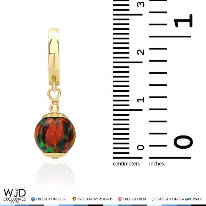 14K Yellow Gold Black Fire Opal Ball Huggie Hoop Dangle Drop Earrings