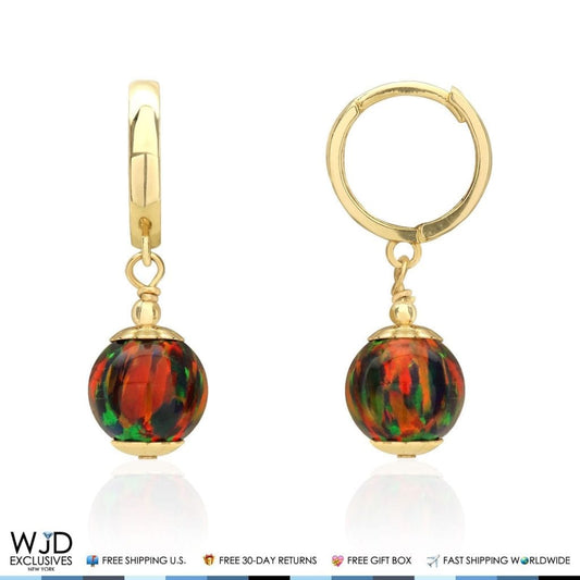 14K Solid Yellow Gold Black Fire Opal Ball Huggie Hoop Dangle Drop Earrings