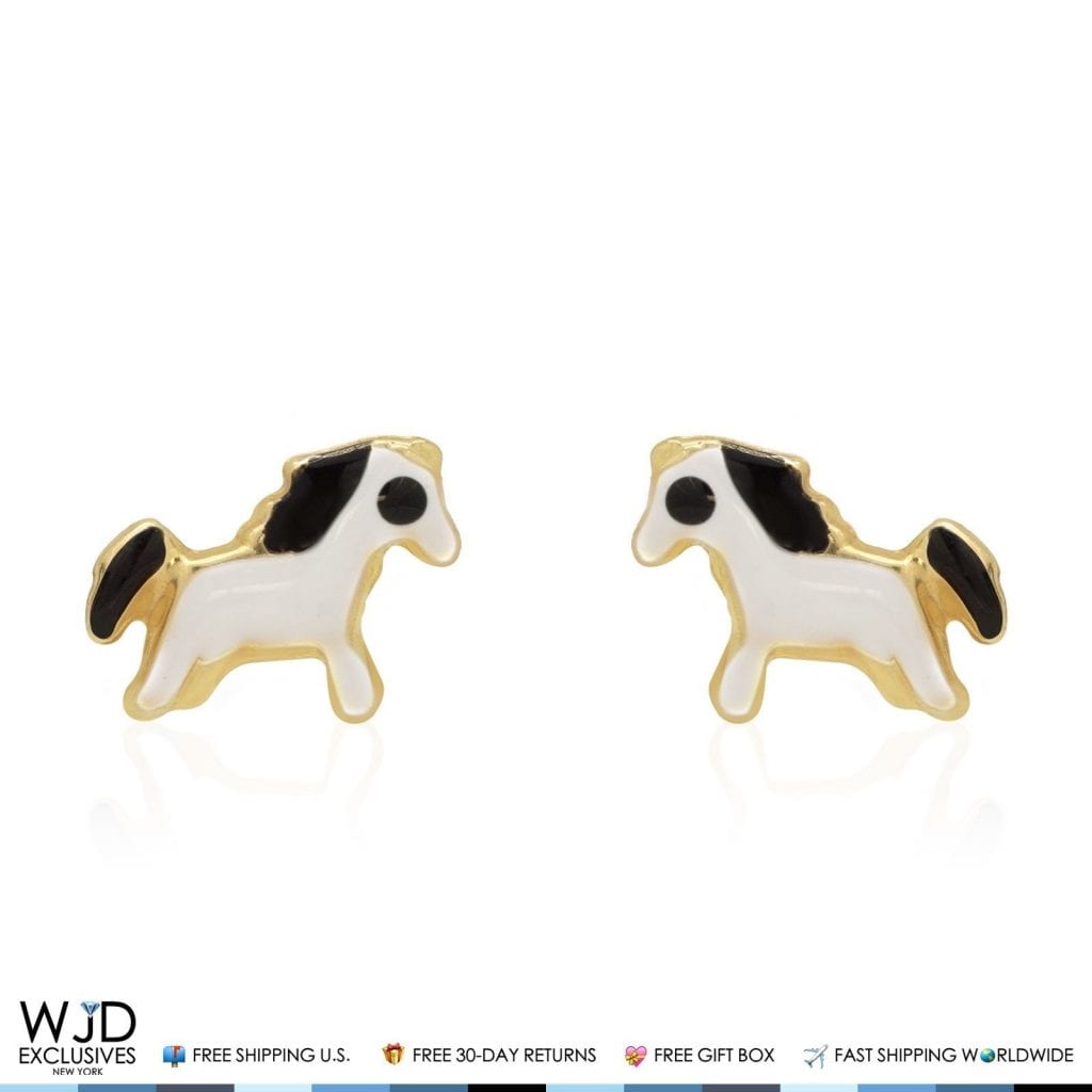 14K Solid Yellow Gold Black & White Enamel Horse Screwback Stud Kids Earrings