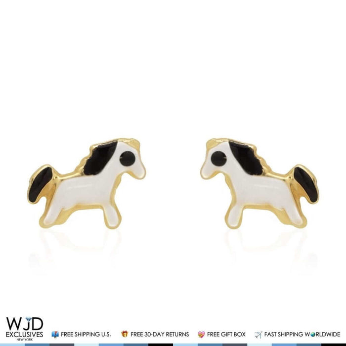 14K Yellow Gold Black & White Enamel Horse Screw Back Stud Kids Earrings