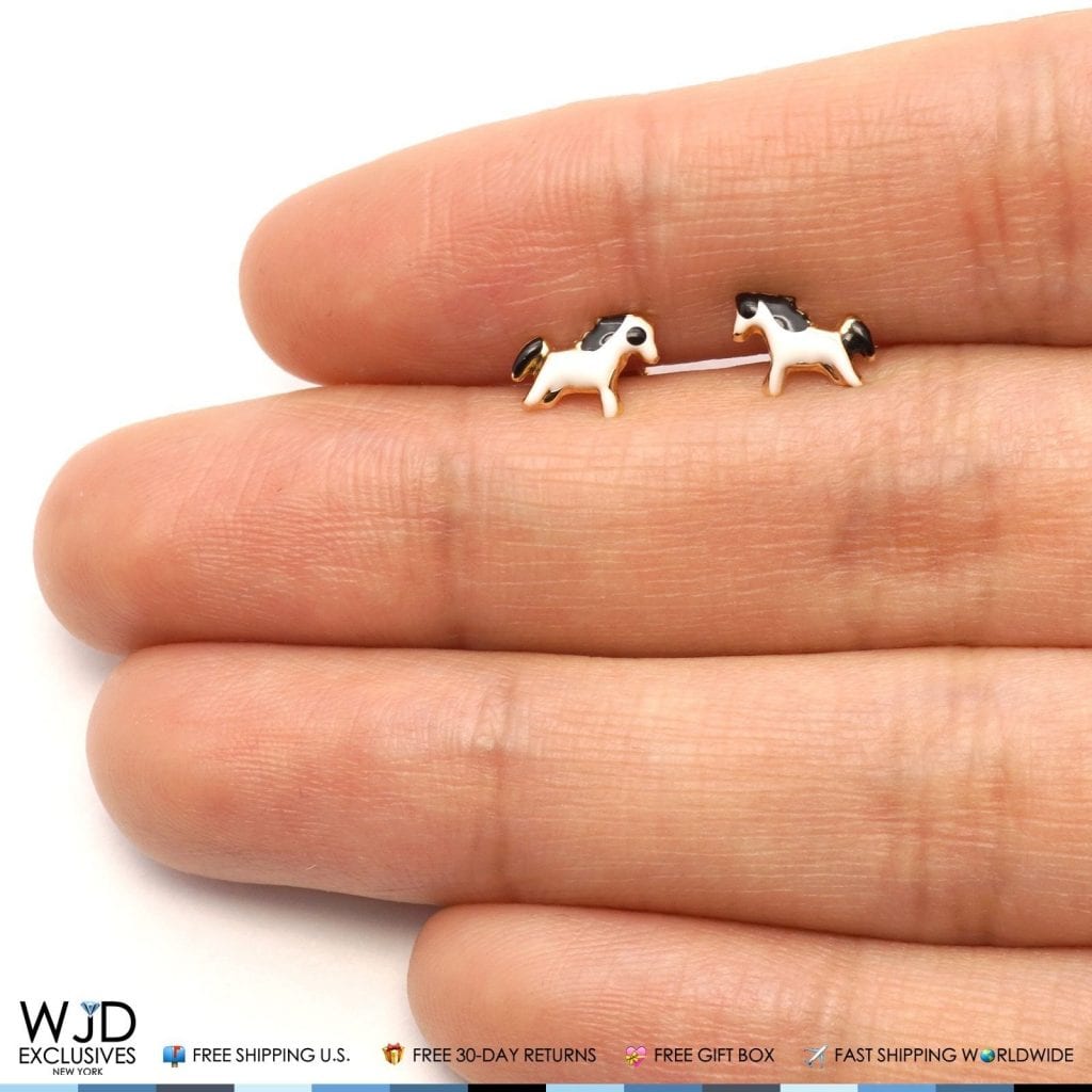 14K Solid Yellow Gold Black & White Enamel Horse Screwback Stud Kids Earrings
