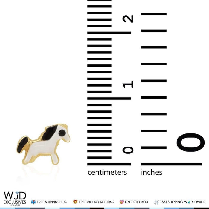 14K Yellow Gold Black & White Enamel Horse Screw Back Stud Kids Earrings