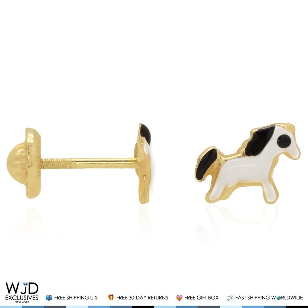14K Solid Yellow Gold Black & White Enamel Horse Screwback Stud Kids Earrings