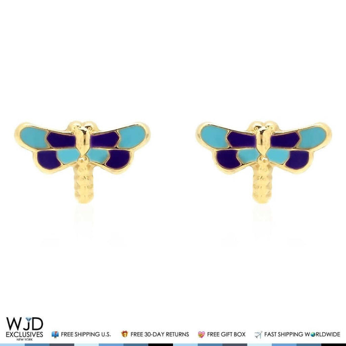 14K Yellow Gold Blue & Purple Enamel Dragonfly Screw Back Stud Earrings