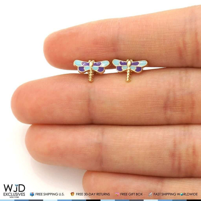 14K Yellow Gold Blue & Purple Enamel Dragonfly Screw Back Stud Earrings
