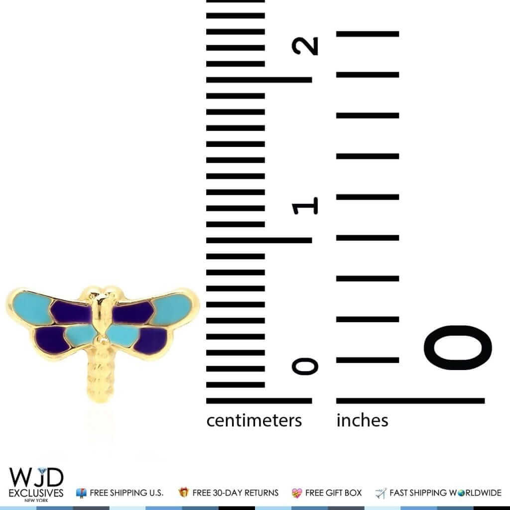 14K Yellow Gold Blue & Purple Enamel Dragonfly Screw Back Stud Earrings